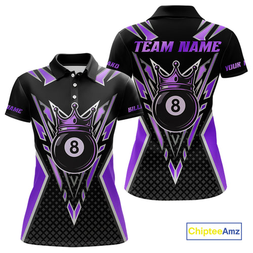 Customized 8 Ball Pool Crown Women Billiard Shirt, Black And Purple Billiard Team Shirt, Pool Jersey TDM4080