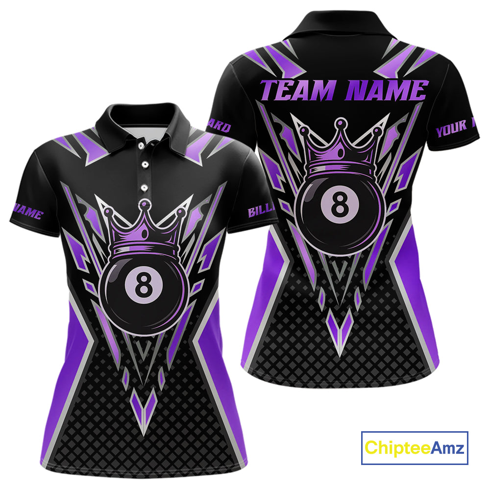 Customized 8 Ball Pool Crown Women Billiard Shirt, Black And Purple Billiard Team Shirt, Pool Jersey TDM4080