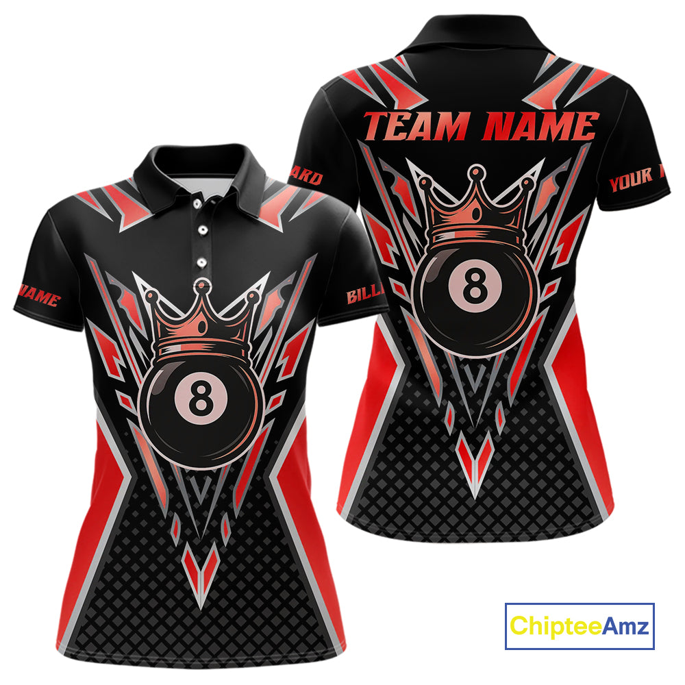 Customized 8 Ball Pool Crown Women Billiard Shirts, Red And Black Billiard Team Shirts, Pool Jersey TDM4079