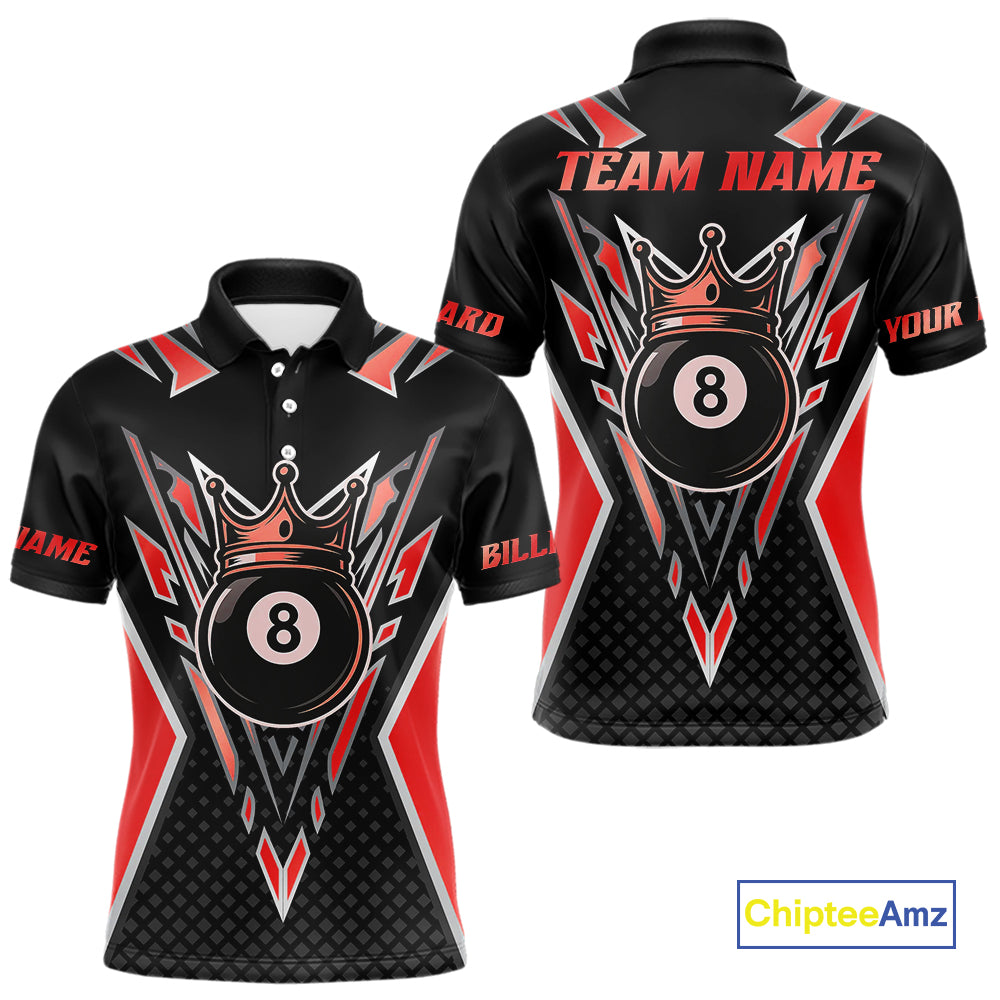 Customized 8 Ball Pool Crown Men Billiard Shirts, Red And Black Billiard Team Shirts, Pool Jersey TDM4079