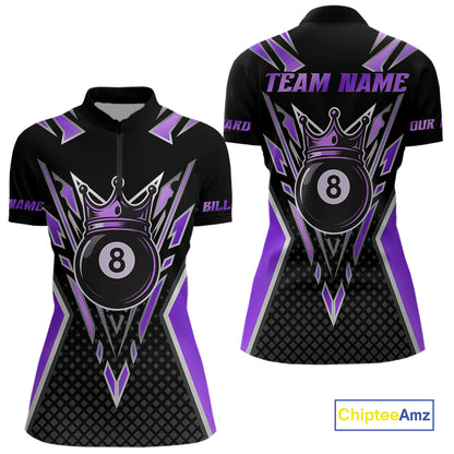 Customized 8 Ball Pool Crown Women Billiard Shirt, Black And Purple Billiard Team Shirt, Pool Jersey TDM4080