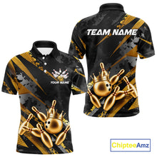 Load image into Gallery viewer, Bowling-themed polo shirt for men with gold bowling pins and crown design on a black background, featuring customizable "Your Name" and "Team Name" text for a personalized look.