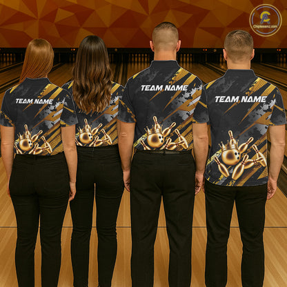 Four people wearing matching bowling team shirts with 'Team Name' text at a bowling alley.
