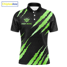 Load image into Gallery viewer, Black and green billiard polo shirt with 'Team Name' and 'Your Name' text, featuring a 8-ball design.