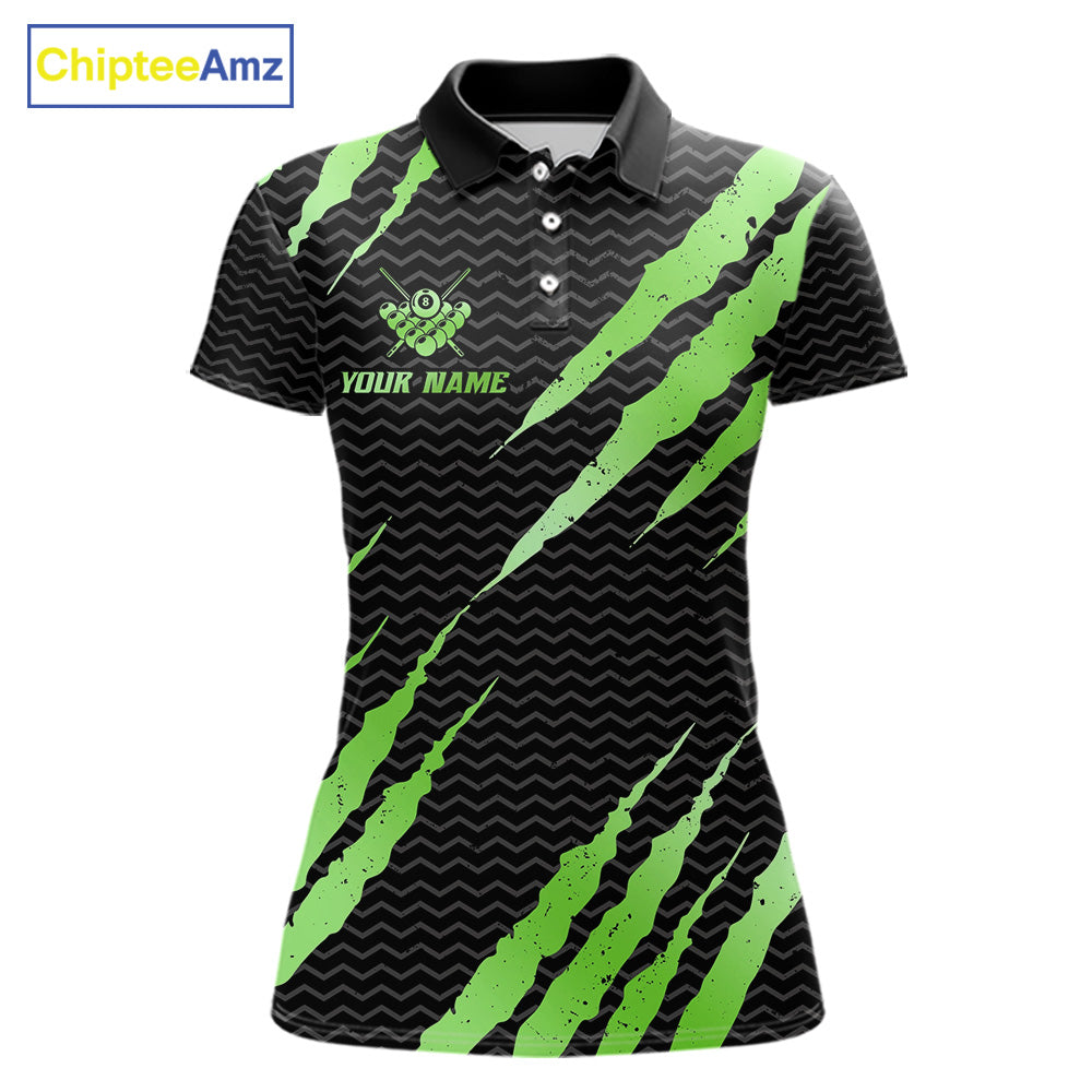 Black and green billiard polo shirt with 'Team Name' and 'Your Name' text, featuring a 8-ball design.