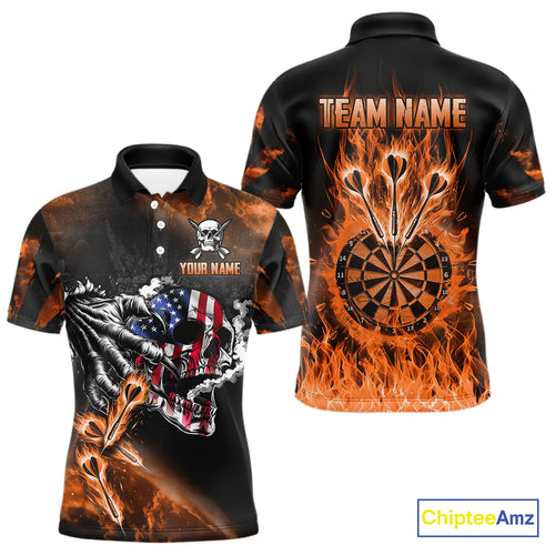 Fire Flame Darts Board American Flag Skull Dart Shirts For Men Custom Darts Team Jerseys |Orange TDM4267