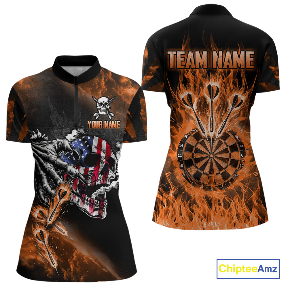 Fire Flame Darts Board American Flag Skull Dart Shirts For Women Custom Darts Team Jerseys |Orange TDM4267