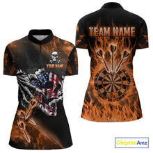 Load image into Gallery viewer, Fire Flame Darts Board American Flag Skull Dart Shirts For Women Custom Darts Team Jerseys |Orange TDM4267