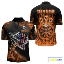 Load image into Gallery viewer, Fire Flame Darts Board American Flag Skull Dart Shirts For Men Custom Darts Team Jerseys |Orange TDM4267