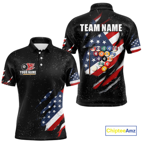 Personalized American Flag Black Grunge Billiard Shirt For Men, Patriotic 8 Ball Pool Team Jersey TDM4444