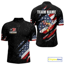 Load image into Gallery viewer, Personalized American Flag Black Grunge Billiard Shirt For Men, Patriotic 8 Ball Pool Team Jersey TDM4444