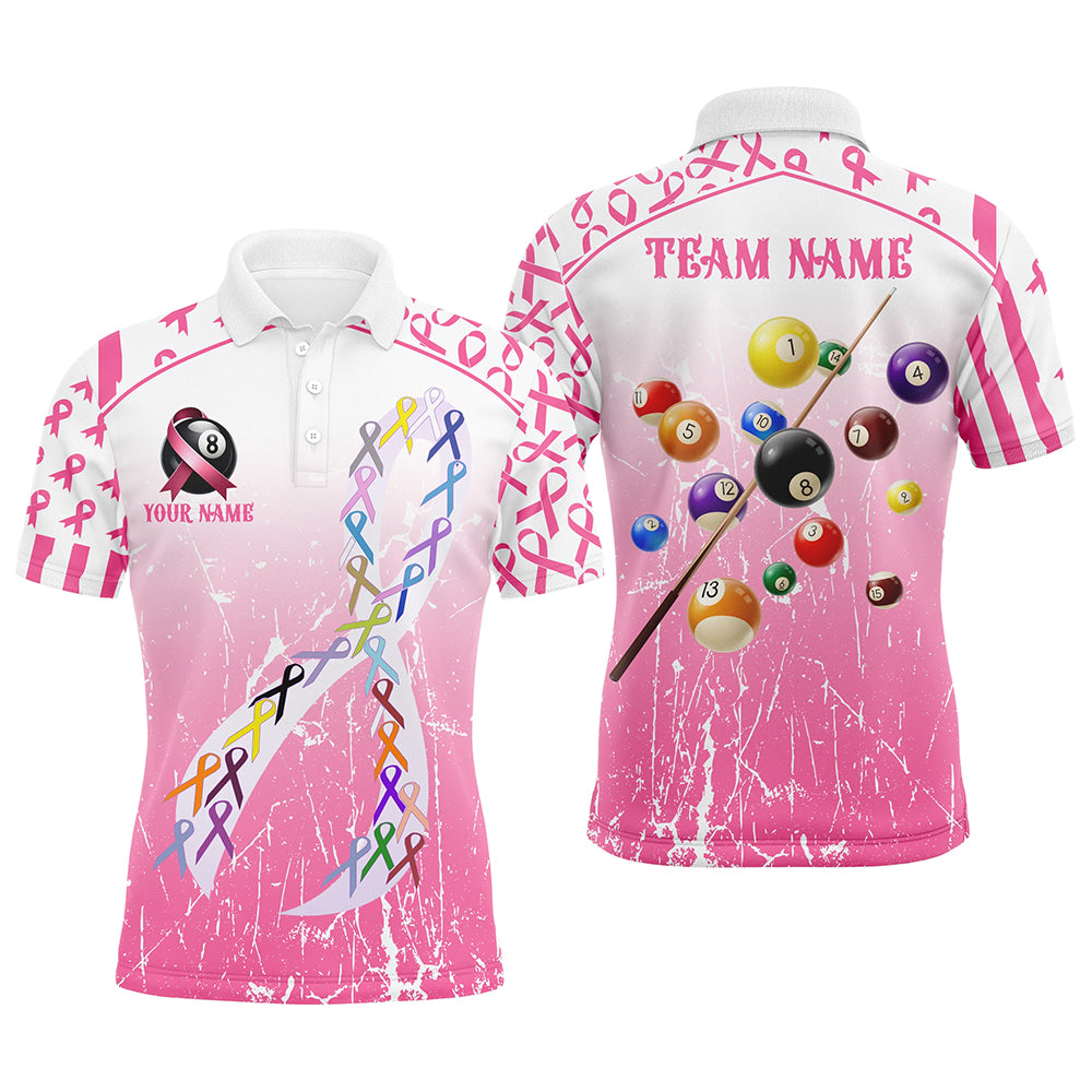 Colorful Ribbon Custom Pink Billiard Shirts For Men, Funny Breast Cancer Shirts Gift For Pool Lover TDM2367