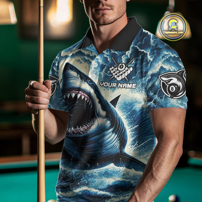 Blue 8 Ball Pool Billiard Shark Polo & Quarter Zip For Men Custom Thunder Storm Billiard Jersey TDM4691