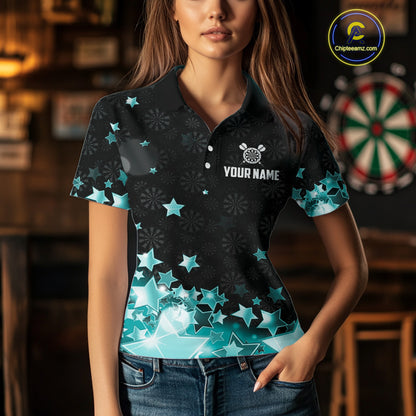 Funny Custom Dart Shirt For Women, Turquoise Black Glowing Star Pattern Darts Polo & Quarter Zip TDM5325