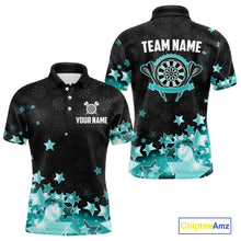 Load image into Gallery viewer, Funny Custom Dart Shirt For Men, Turquoise Black Glowing Star Pattern Darts Polo &amp; Quarter Zip TDM5325