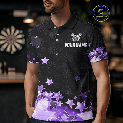 Funny Custom Dart Shirt For Men, Black And Purple Glowing Star Pattern Darts Polo & Quarter Zip TDM5326