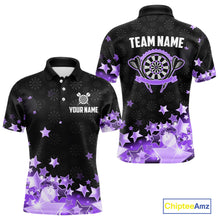 Load image into Gallery viewer, Funny Custom Dart Shirt For Men, Black And Purple Glowing Star Pattern Darts Polo &amp; Quarter Zip TDM5326