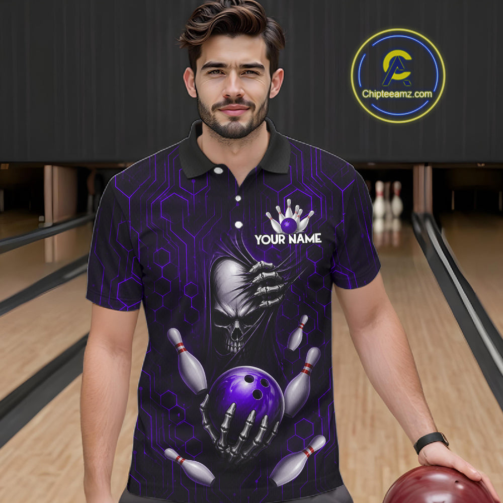 Black And Purple Custom Skull Bowling Shirt For Men, Hexagon Bowling Team Jersey Polo & 1/4 Zip TDM6427