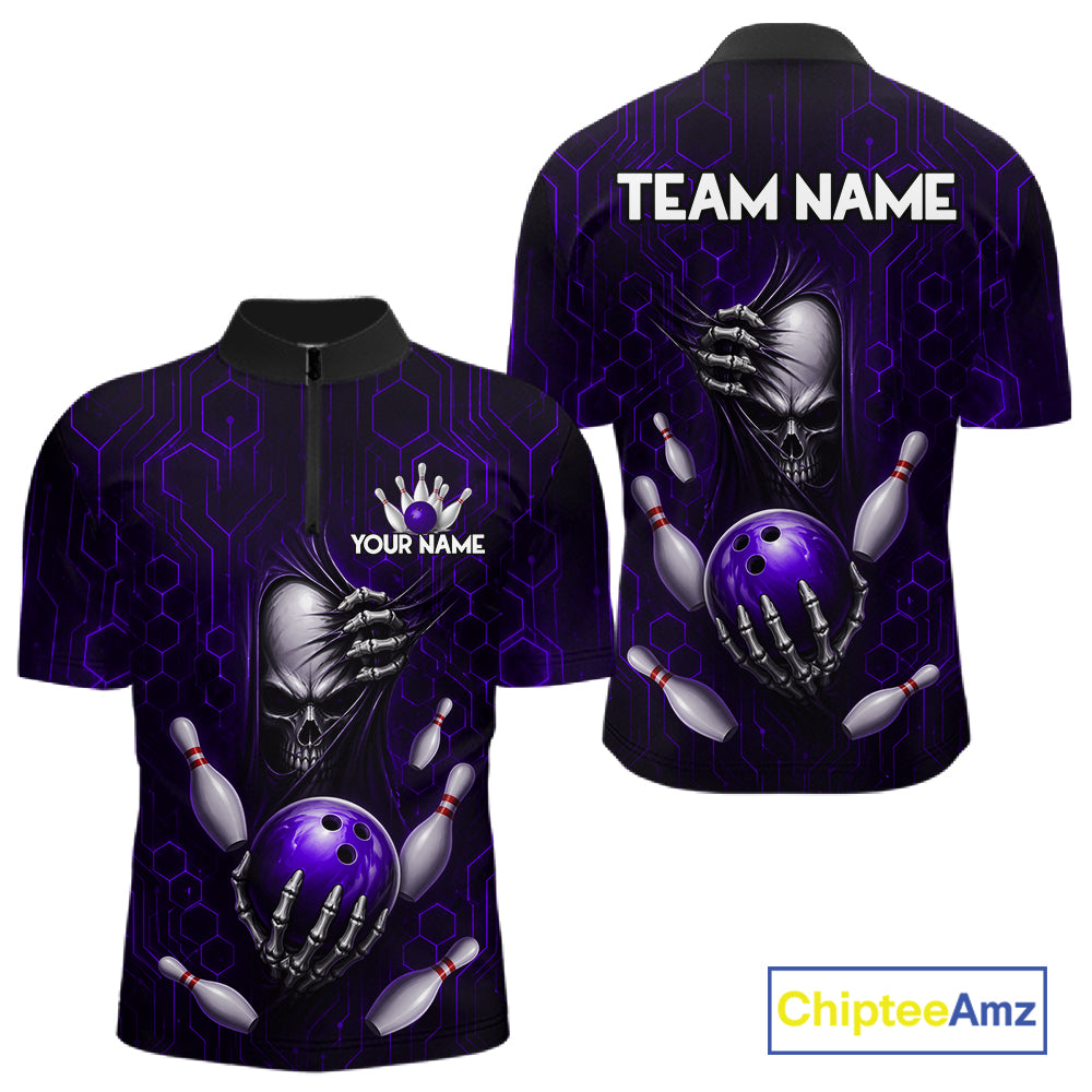 Black And Purple Custom Skull Bowling Shirt For Men, Hexagon Bowling Team Jersey Polo & 1/4 Zip TDM6427