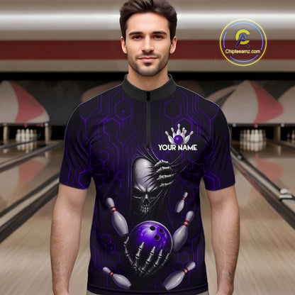 Black And Purple Custom Skull Bowling Shirt For Men, Hexagon Bowling Team Jersey Polo & 1/4 Zip TDM6427