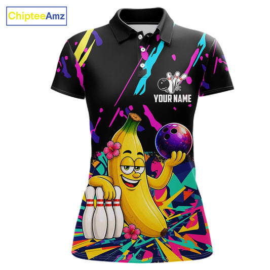 Colorful polo shirt with a cartoon banana bowling design with customizable your name and team name