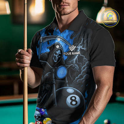 Man wearing a blue flame grim reaper motorcycle 8 ball billiard jersey front view.