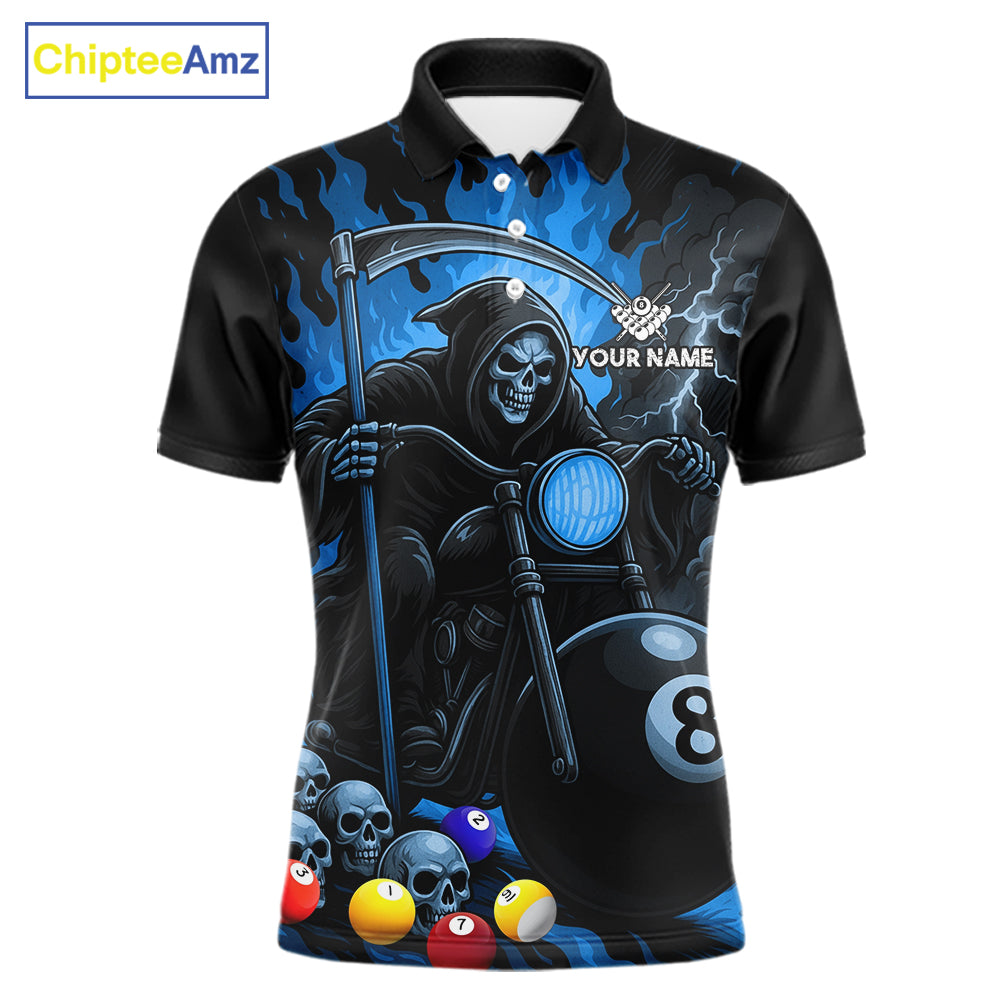 Blue flame grim reaper motorcycle 8 ball custom billiard polo shirt for men, pool team jersey.