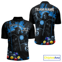 Load image into Gallery viewer, Blue flame grim reaper motorcycle 8 ball quarter zip billiard shirt for men, custom pool jersey.