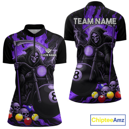 Purple flame grim reaper motorcycle 8 ball quarter zip billiard shirt for women, custom pool jersey.