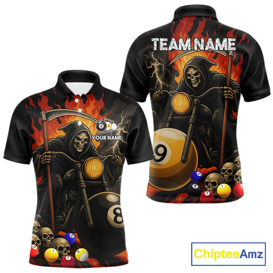 Personalized grim reaper motorcycle 8 ball and 9 ball billiard polo shirt for men, custom pool team jersey.