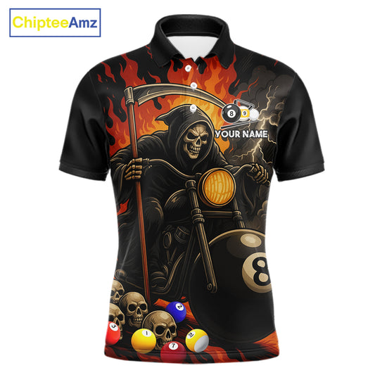 Personalized grim reaper motorcycle 8 ball and 9 ball billiard polo shirt for men, custom pool team jersey.