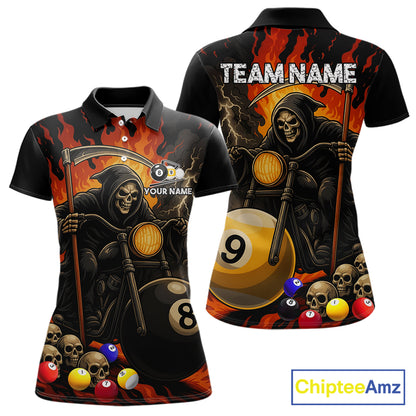 Personalized grim reaper motorcycle 8 ball and 9 ball billiard polo shirt for women, custom pool team jersey.