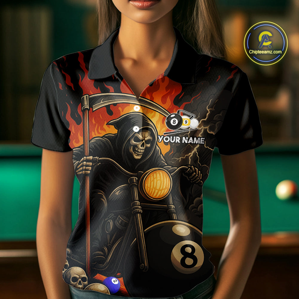 Woman wearing a grim reaper motorcycle 8 ball and 9 ball billiard jersey front view.