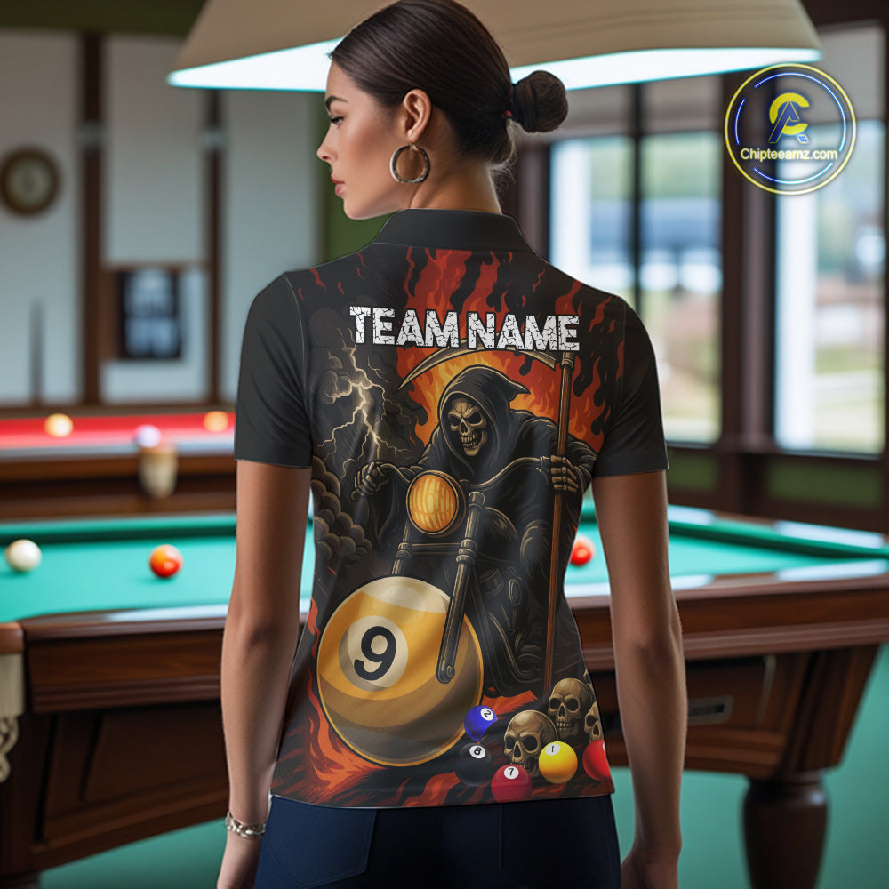 Back view of woman wearing a grim reaper motorcycle 8 ball and 9 ball pool jersey.