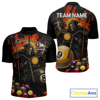 Grim reaper motorcycle 8 ball and 9 ball quarter zip billiard shirt for men, custom pool jersey.