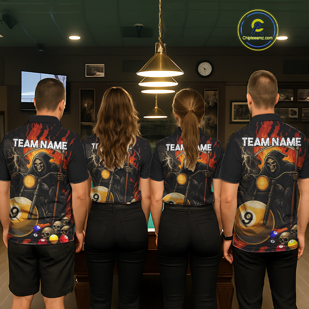 Back view of pool team wearing matching grim reaper motorcycle 8 ball and 9 ball billiard shirts.