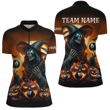 Load image into Gallery viewer, Death Skeleton &amp; Pumpkin With 8 Ball Pool Billiard Jerseys For Women, Funny Halloween Billiard Shirts TDM2377