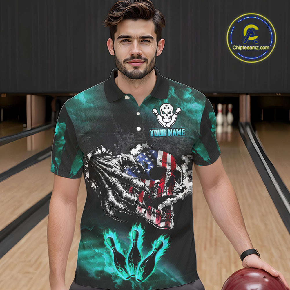 Turquoise Flaming American Flag Skull Bowling Shirt For Men Custom Fire Bowling Team Jersey TDM4693