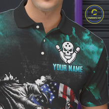 Load image into Gallery viewer, Turquoise Flaming American Flag Skull Bowling Shirt For Men Custom Fire Bowling Team Jersey TDM4693