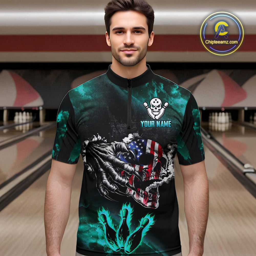 Turquoise Flaming American Flag Skull Bowling Shirt For Men Custom Fire Bowling Team Jersey TDM4693