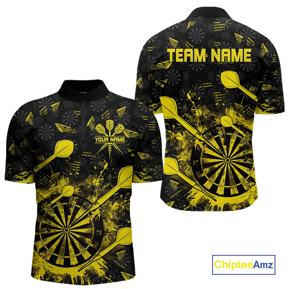 Black And Yellow Grunge Darts Polo, Quarter Zip For Men Custom Dart Shirts For Team Dart Jerseys TDM4697