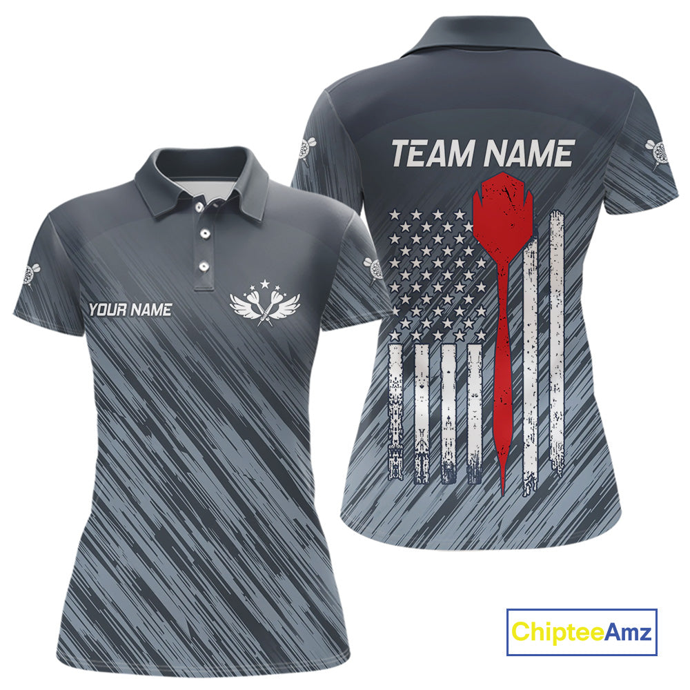 American Flag Grey Grunge Darts Polo & Quarter Zip Custom Dart Shirt For Women Patriotic Dart Jersey TDM4699