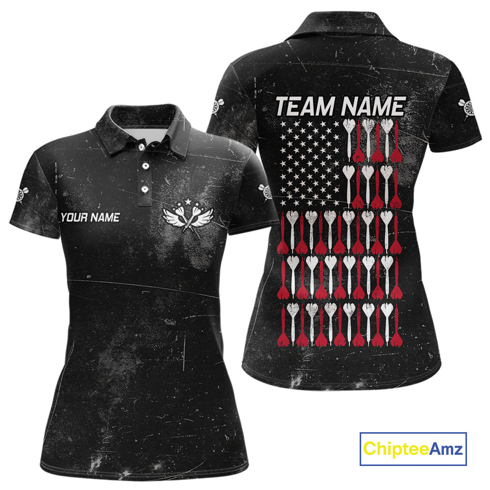 American Flag Black Grunge Darts Polo & 1/4 Zip Custom Darts Shirt For Women Patriotic Dart Jersey TDM4700