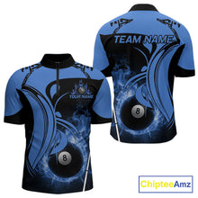 Load image into Gallery viewer, Personalized Blue 8 Ball Fire Flame Billiard Shirt For Men, Pool Team Jersey Polo &amp; 1/4 Zip TDM5974