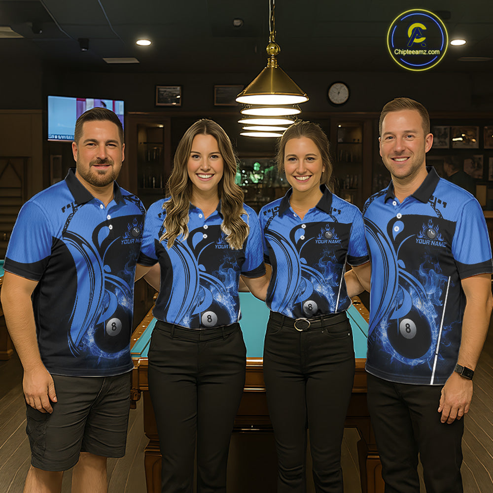 Personalized Blue 8 Ball Fire Flame Billiard Shirt For Men, Pool Team Jersey Polo & 1/4 Zip TDM5974