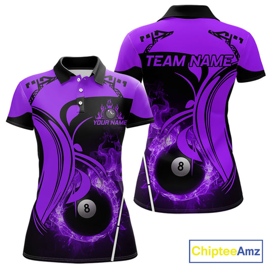 Personalized Purple 8 Ball Fire Flame Billiard Shirt For Women, Pool Team Jersey Polo & 1/4 Zip TDM5975