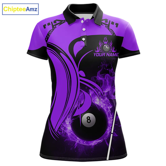 Personalized Purple 8 Ball Fire Flame Billiard Shirt For Women, Pool Team Jersey Polo & 1/4 Zip TDM5975