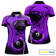 Load image into Gallery viewer, Personalized Purple 8 Ball Fire Flame Billiard Shirt For Women, Pool Team Jersey Polo &amp; 1/4 Zip TDM5975