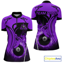 Load image into Gallery viewer, Personalized Purple 8 Ball Fire Flame Billiard Shirt For Women, Pool Team Jersey Polo &amp; 1/4 Zip TDM5975