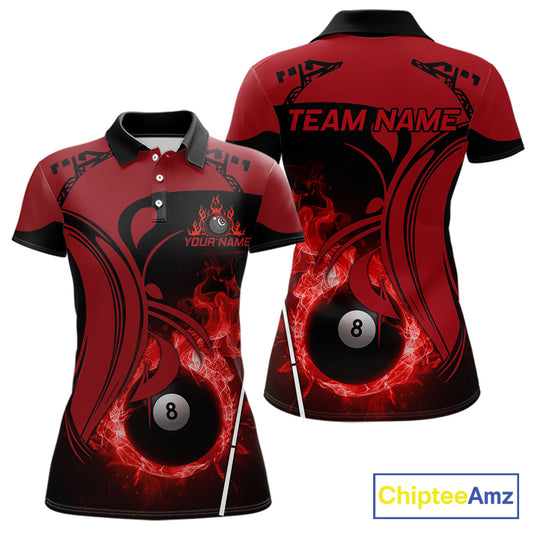 Personalized Red 8 Ball Fire Flame Billiard Shirt For Women, Pool Team Jersey Polo & 1/4 Zip TDM5976